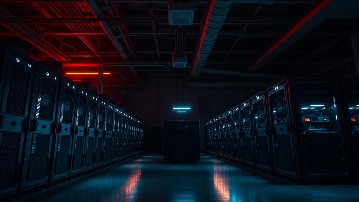 Rady serverov v data centre s modrým podsvietením